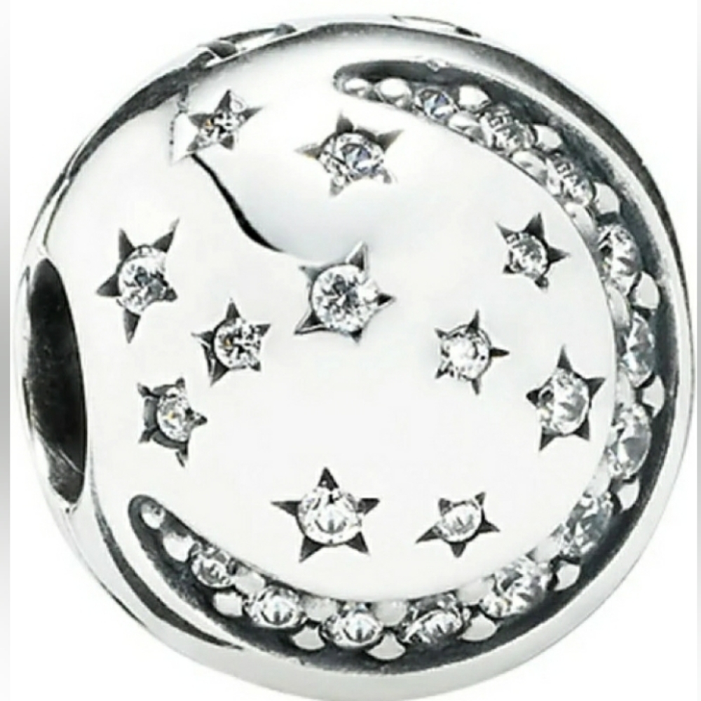 Pandora Sterling Silver Twinkling Night Moon & Stars Clip Charm W Zirconia